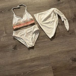 Girls 3pack chevron print eyelet embroidery halter bikini swimsuit with cover up